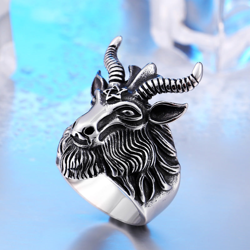 Vintage-Inspired Stainless Steel Men's Pentagram Ram Ring in Titanium Steel