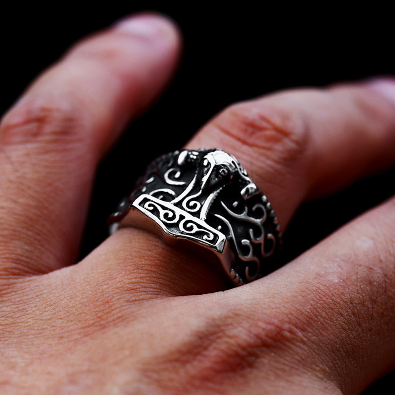 Nordic Viking Thor's Hammer Ring for Men - Retro Stainless Steel and Titanium Steel Design, Wholesale Available