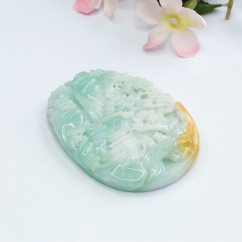 Green and Yellow Jade Pendant with Exquisite Craftsmanship, Beautiful Color, High-Quality Landscape Brand Jewelry