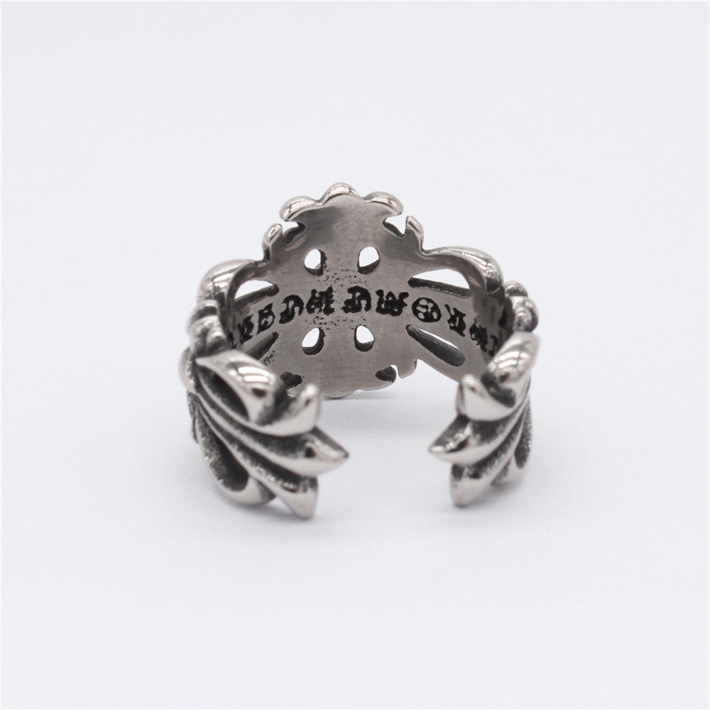 Hollow Cross Flower Opening Titanium Steel Ring for Men