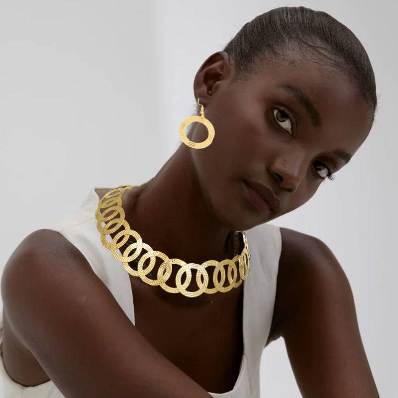 Metallic African Necklace and Earring Set with Circular Collar