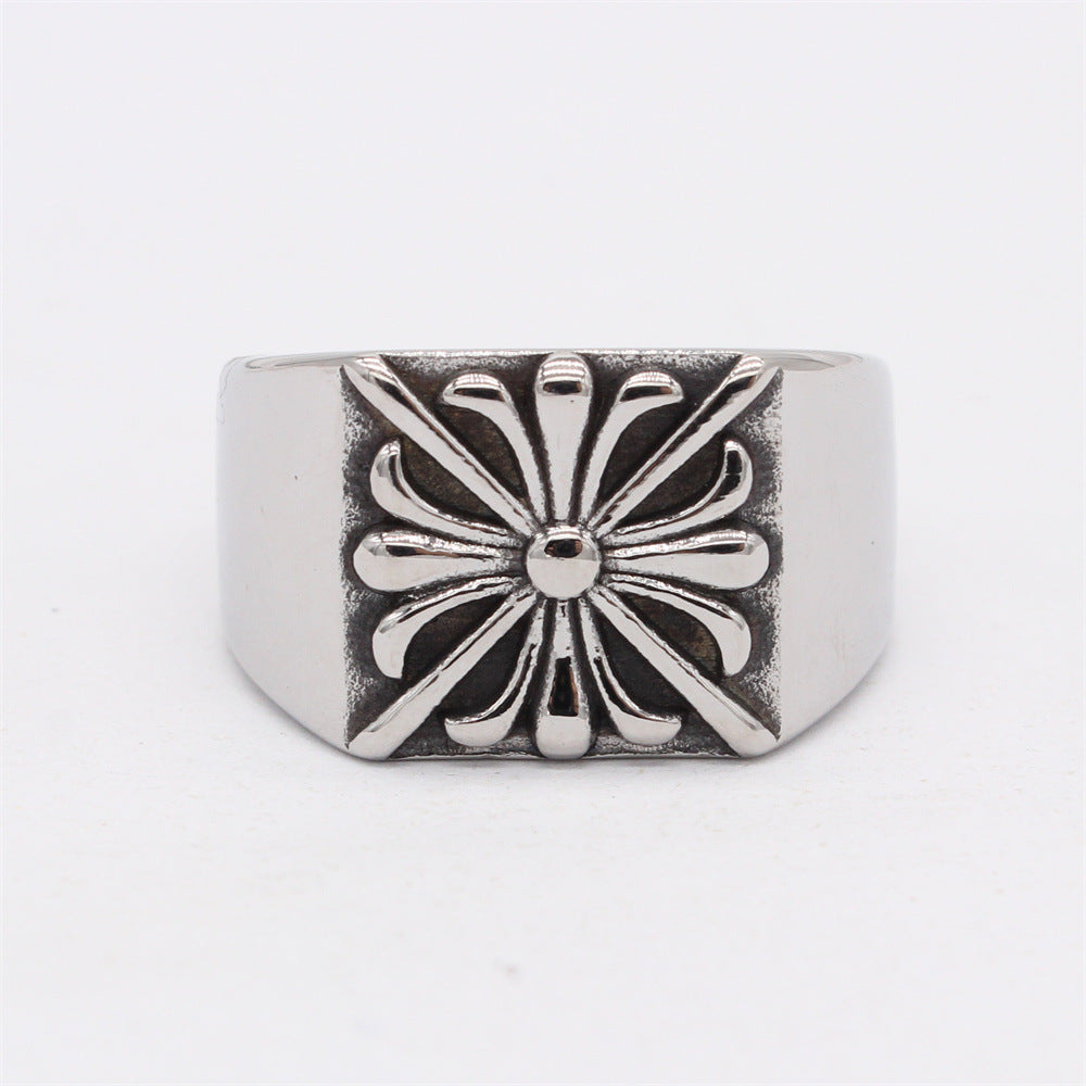 Cross Flower Square Titanium Steel Ring for Men