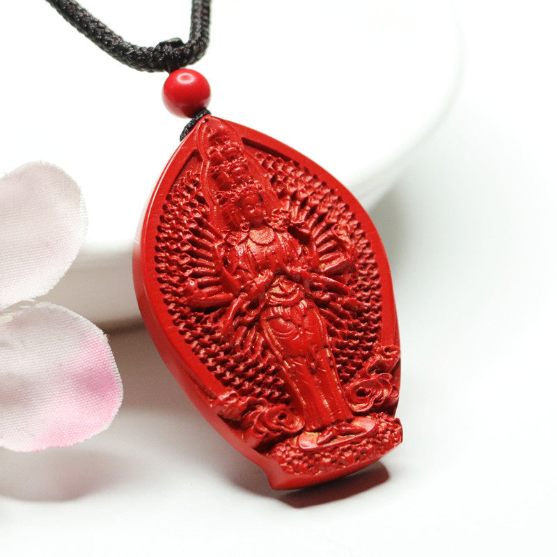 Red Sand Cinnabar Pendant with Thousand Hands and Thousand Eyes Guanyin