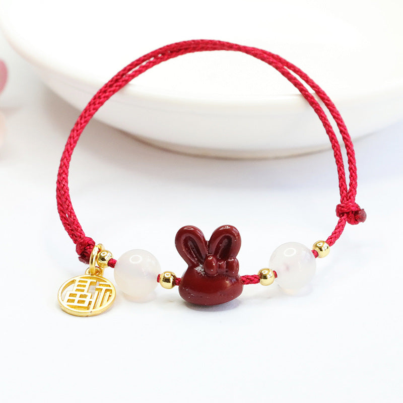 Handwoven Red Cinnabar Rabbit Head Bracelet