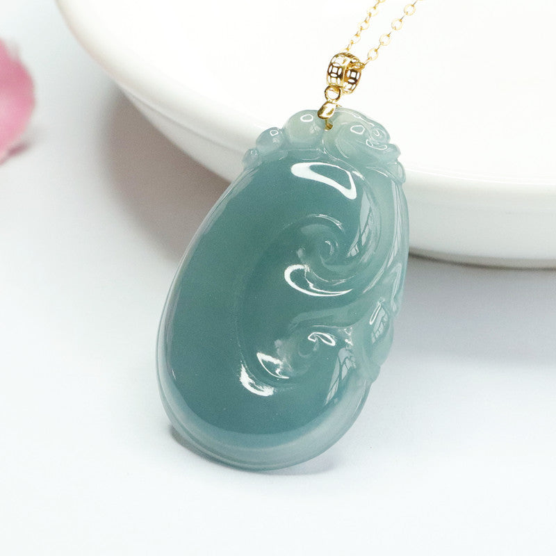 Blue Green Ruyi Jade Necklace with Sterling Silver Pendant