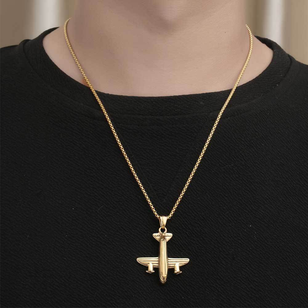 Personalized Aircraft Pendant Necklace - Trendy Two-Tone Stainless Steel Chain for Hip-Hop Lovers