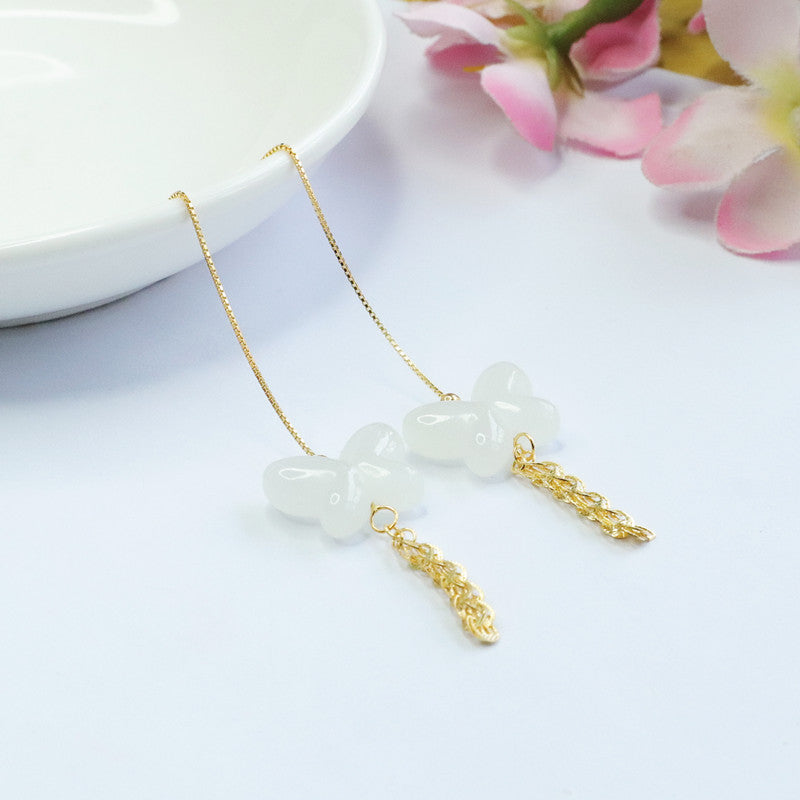 Silver Butterfly and Phoenix Tail Jade Thread Earrings