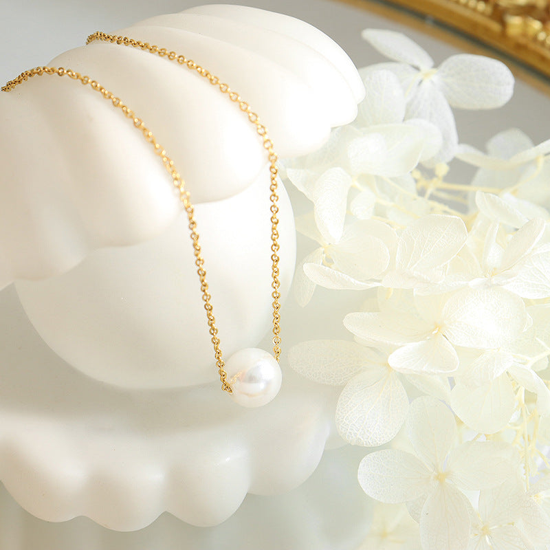 Golden Collarbone Chain Necklace with Imitation Pearl Pendant