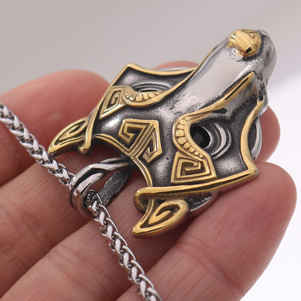 Viking Odin Wolf Head Titanium Steel Pendant Necklace for Men