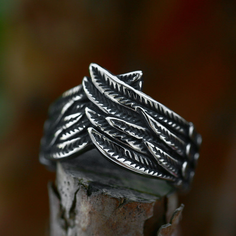 Titanium Steel Feather Design Angel Wings Ring for Men - Retro Wholesale Fashion