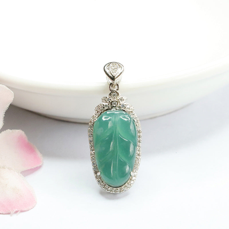 Icy Blue Green Leaf Jade Pendant with Zircon Necklace in Sterling Silver