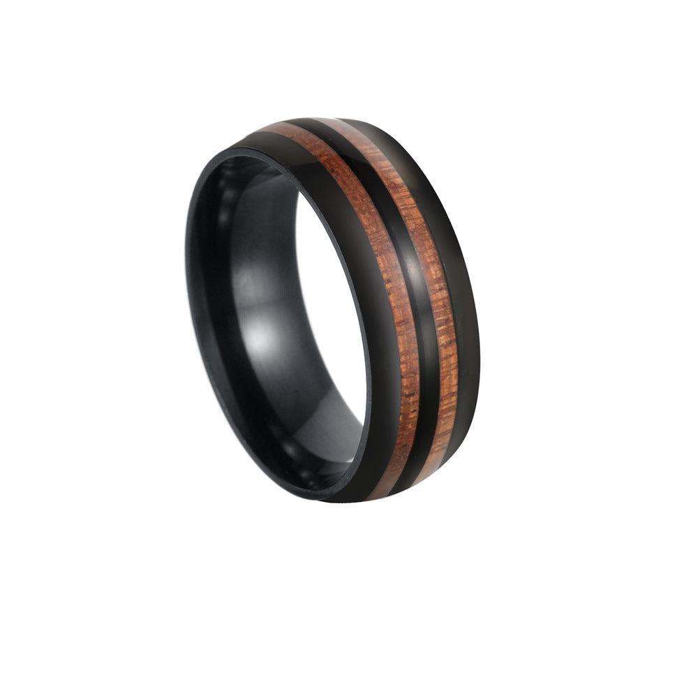 304 Stainless Steel Acacia Wood Inlaid Double Slot Ring for Men