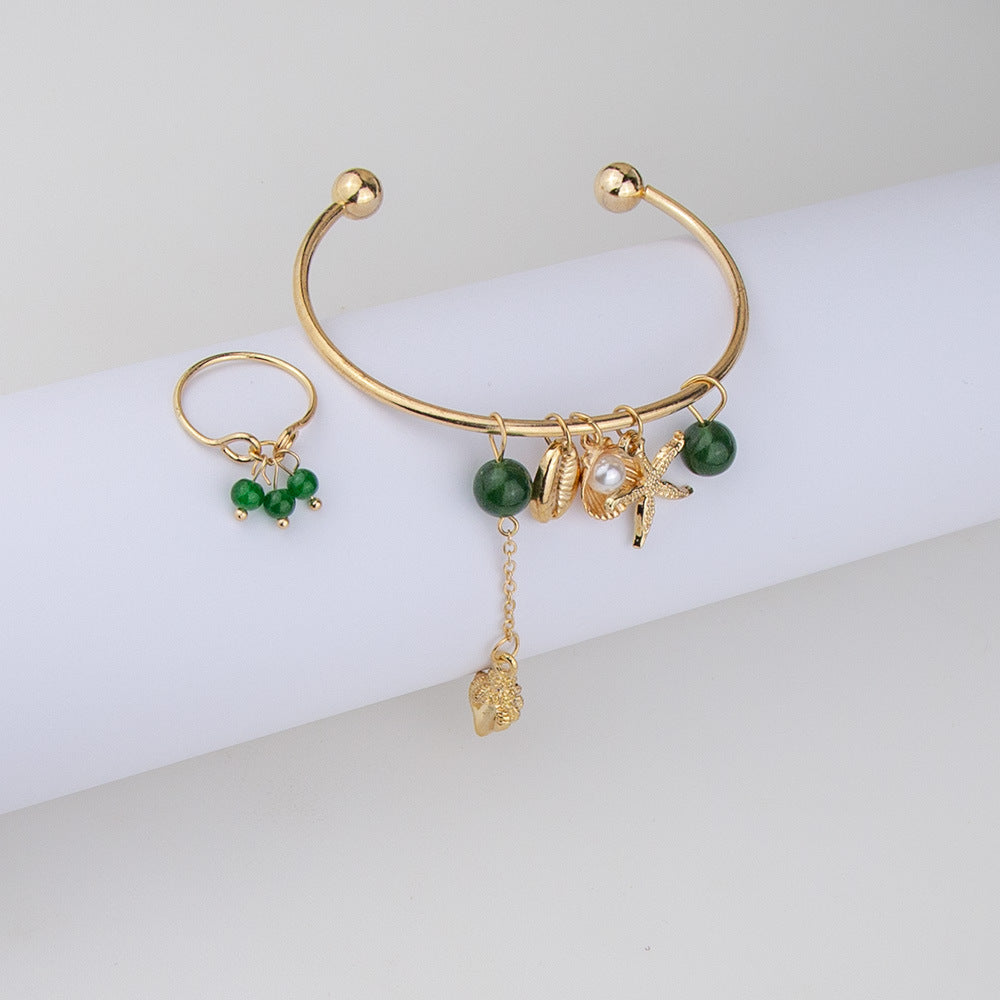 Green Pearl and Conch Shell Alloy Bracelet and Ring Set