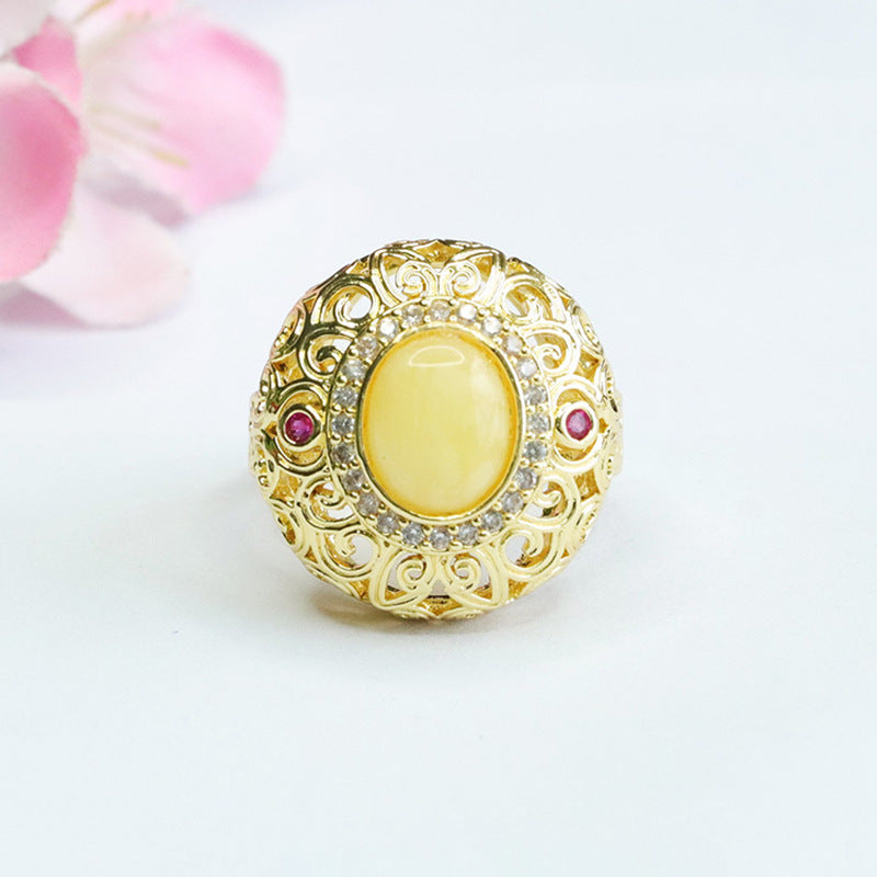 Auspicious Cloud Sterling Silver Ring with Beeswax Amber