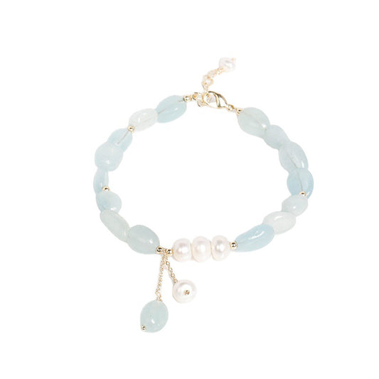 Korean Edition Aquamarine and Freshwater Pearl Bracelet in Sterling Silver