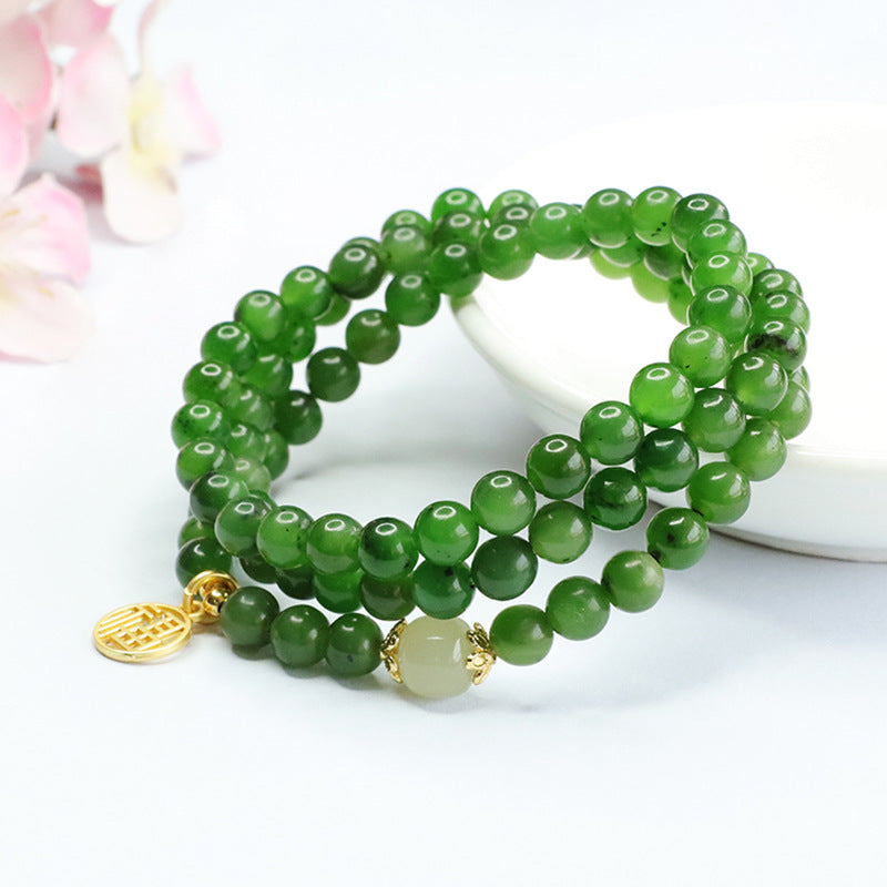 Natural Hetian Jade and Russian Jasper Sterling Silver Bracelet