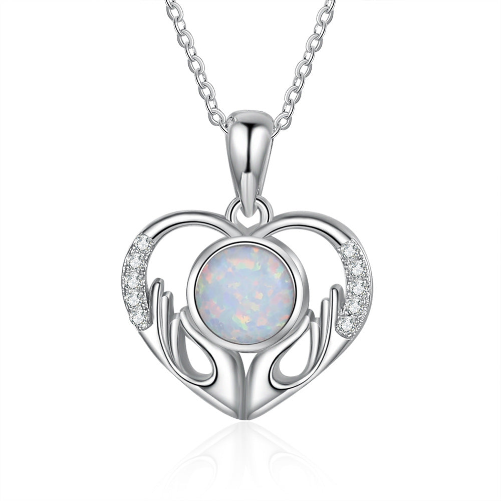 Holding Round Opal with Zircon Love Pendant Sterling Silver Necklace