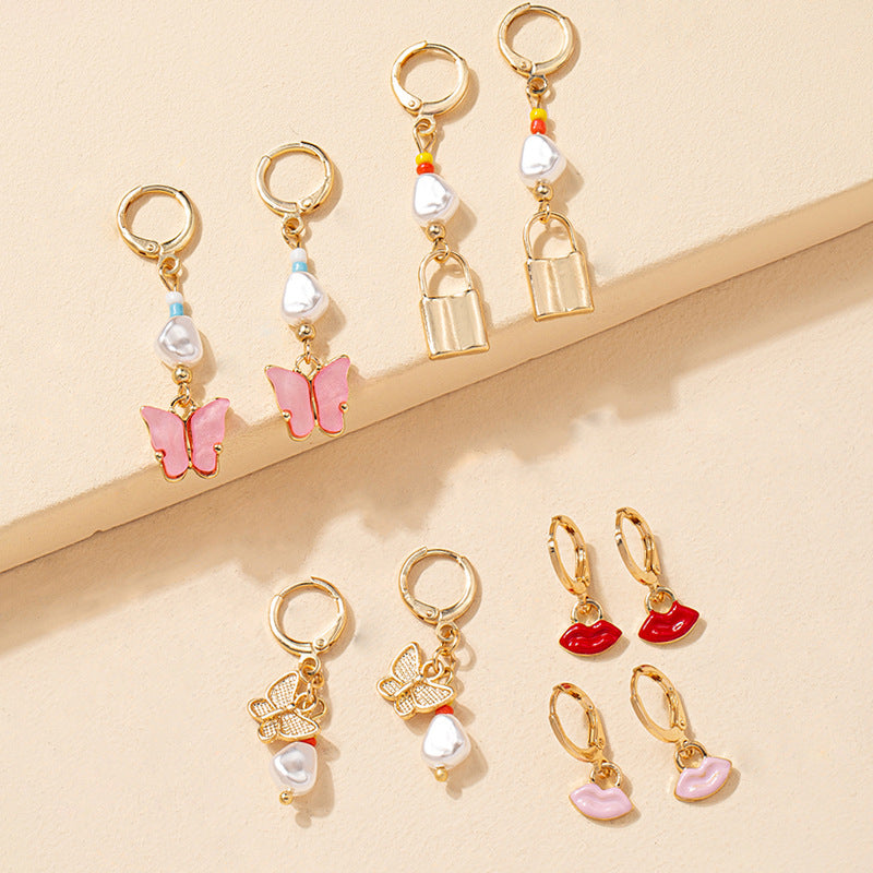 Butterfly Charm Earrings Set with Small Lock Detail