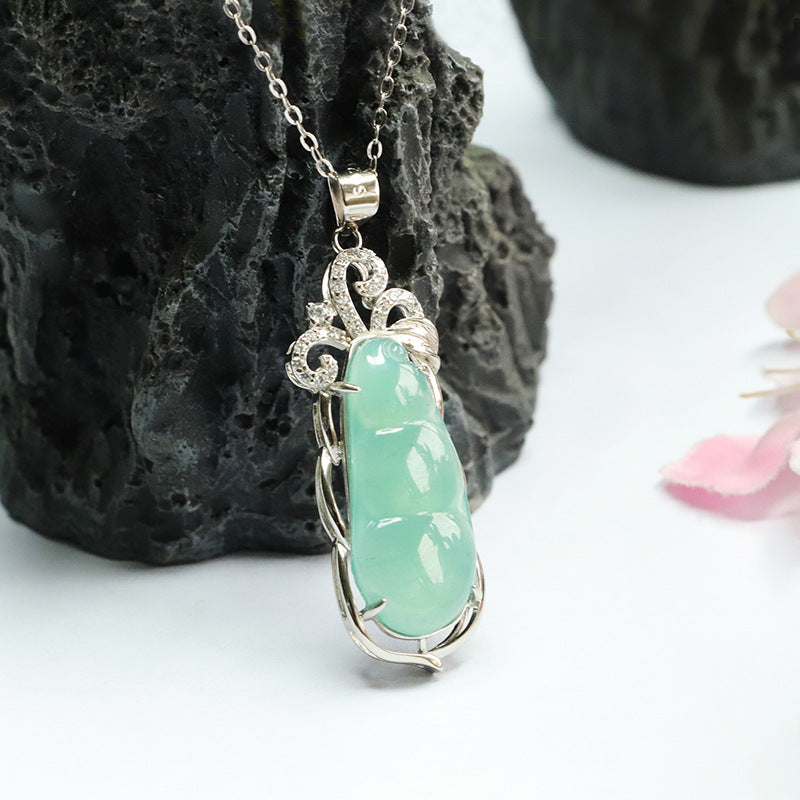 Green Bean Hollow Zircon Necklace with Ice Blue Green Jade in S925 Silver