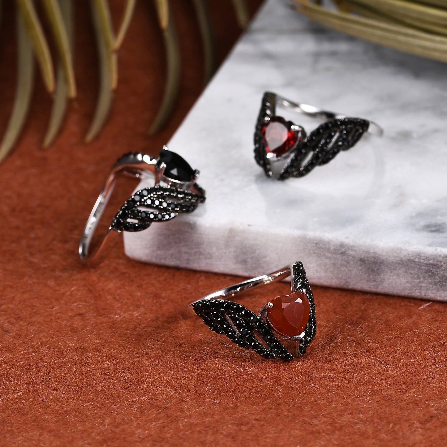 Darkness Wings Heart Shape Natural Gemstone Silver Ring