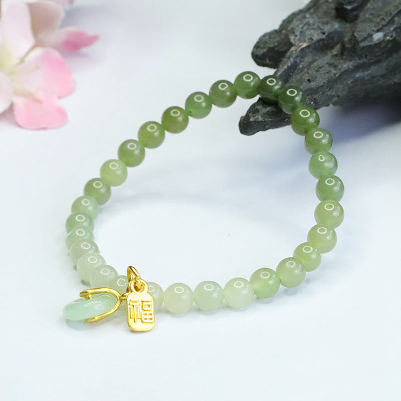 Fortune's Favor Sterling Silver Bracelet with Natural Hetian Jade Qingshui Gradient and Ping An Clasp for Women