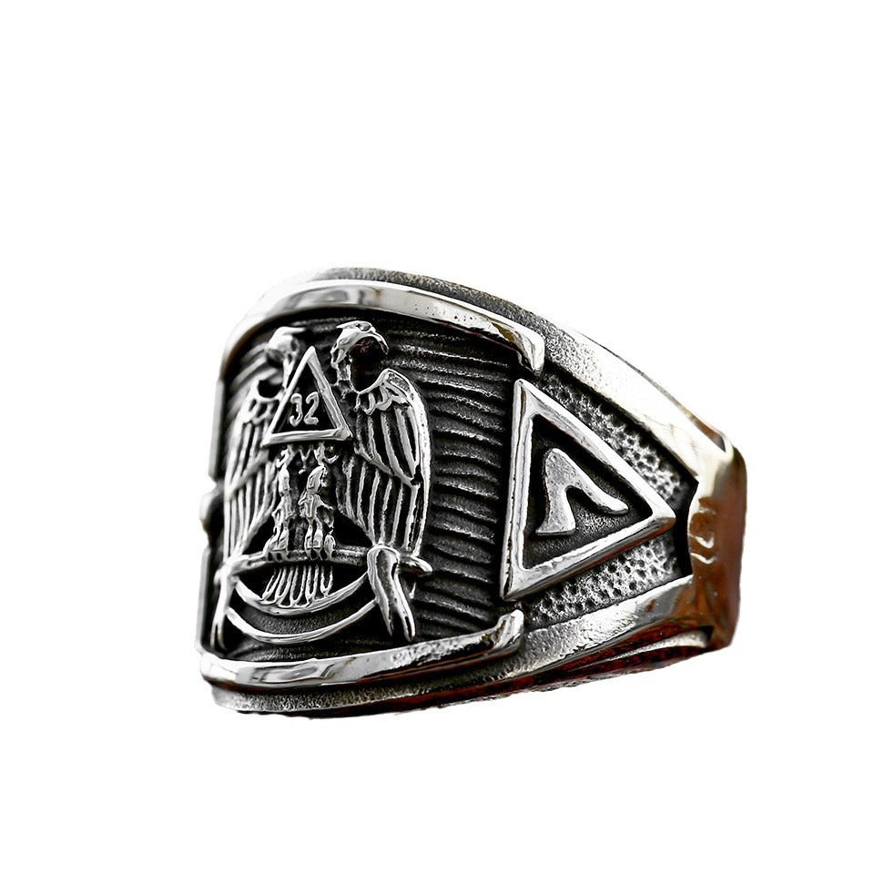 Vintage-Inspired Double Eagle Titanium Steel Freemason Ring for Men – Cross-Border Foreign Trade Stainless Steel Design