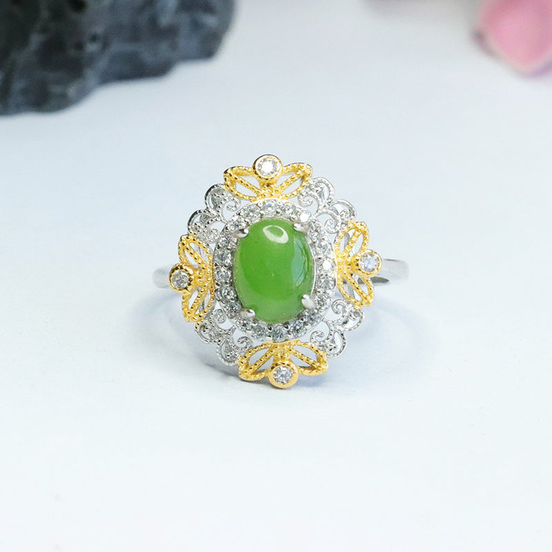 Fortune's Favor: Sterling Silver Hetian Jade Retro Ring with Jasper Gem