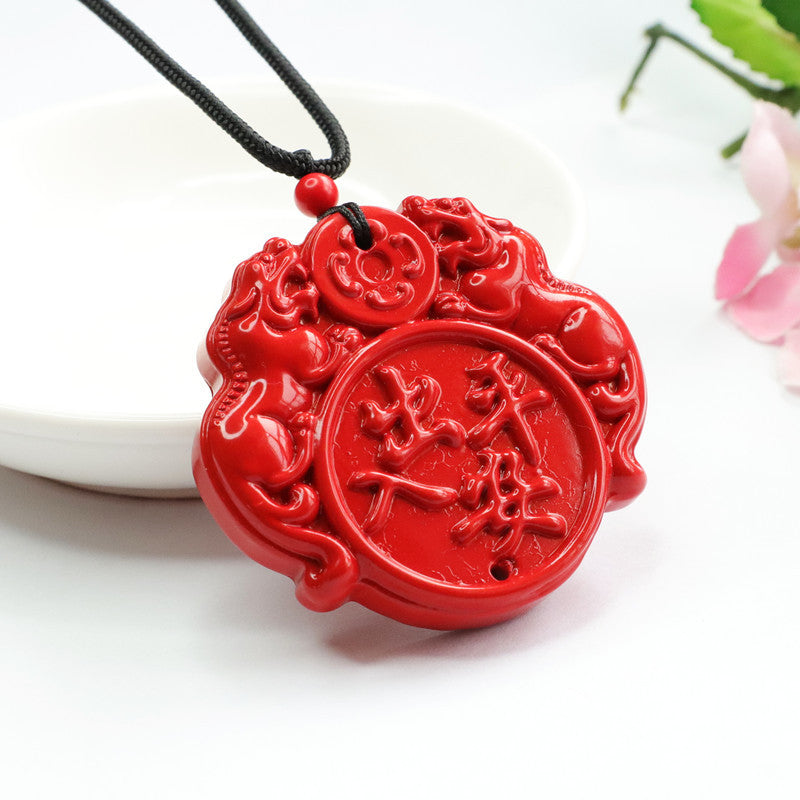 Vermilion Sand Pendant with Red Double Pixiu and Double-Sided Carving for Luck and Protection