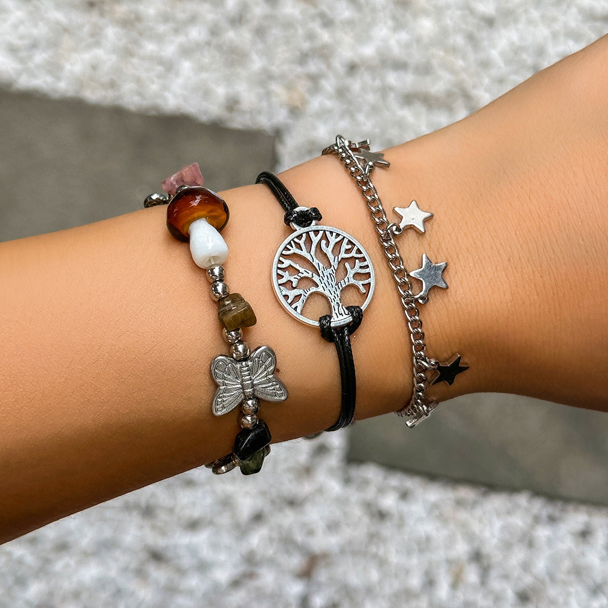 National Wind Mushroom Butterfly Bracelet Set Retro Tree of Life Star Jewelry - Vienna Verve - Alloy Bracelet - Approx. TBA Gram/each