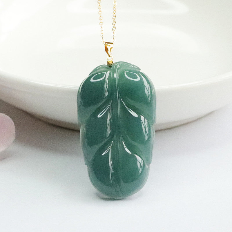 Jade Leaf Pendant Necklace with Sterling Silver Chain