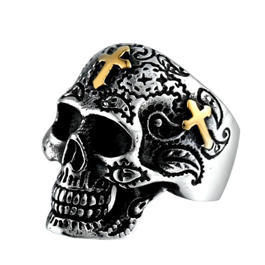 Men's Customizable Gold-Plated Titanium Steel Skull Cross Ring - Edgy Punk Jewelry