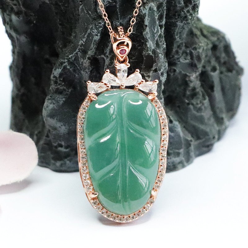 S925 Sterling Silver Necklace with Natural Jade Leaf Pendant and Zircon Accents