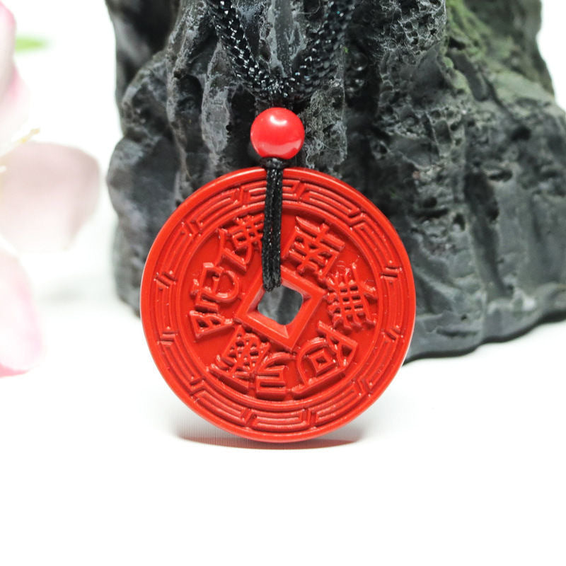 Fortune's Favor Cinnabar Stone Safety Buckle Pendant in Copper Coin Design