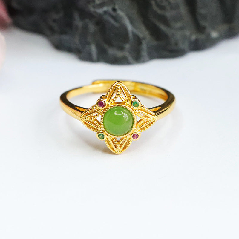 Jade Jasper and Zircon Sterling Silver Star Ring with Hollow Design