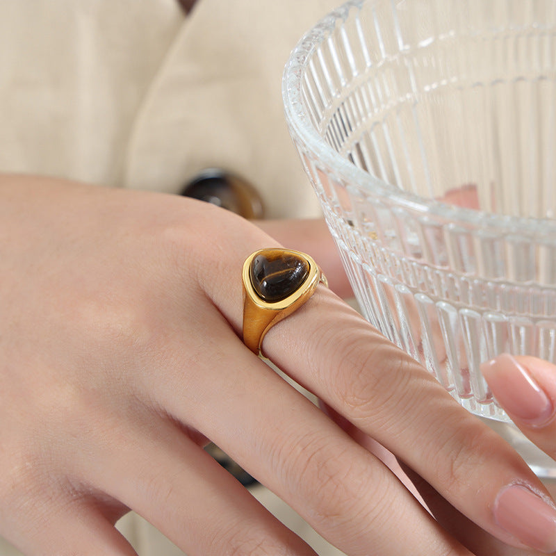 Natural Pink Spar and Tiger's Eye Titanium Steel Couple Ring