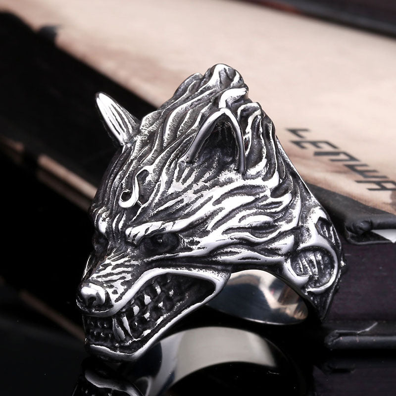 Nordic Viking Wolf Head Ring for Men - Stainless Steel Cross-Border Jewelry