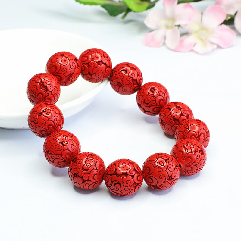 Red Sand Auspicious Clouds Sterling Silver Bracelet with Cinnabar Stone