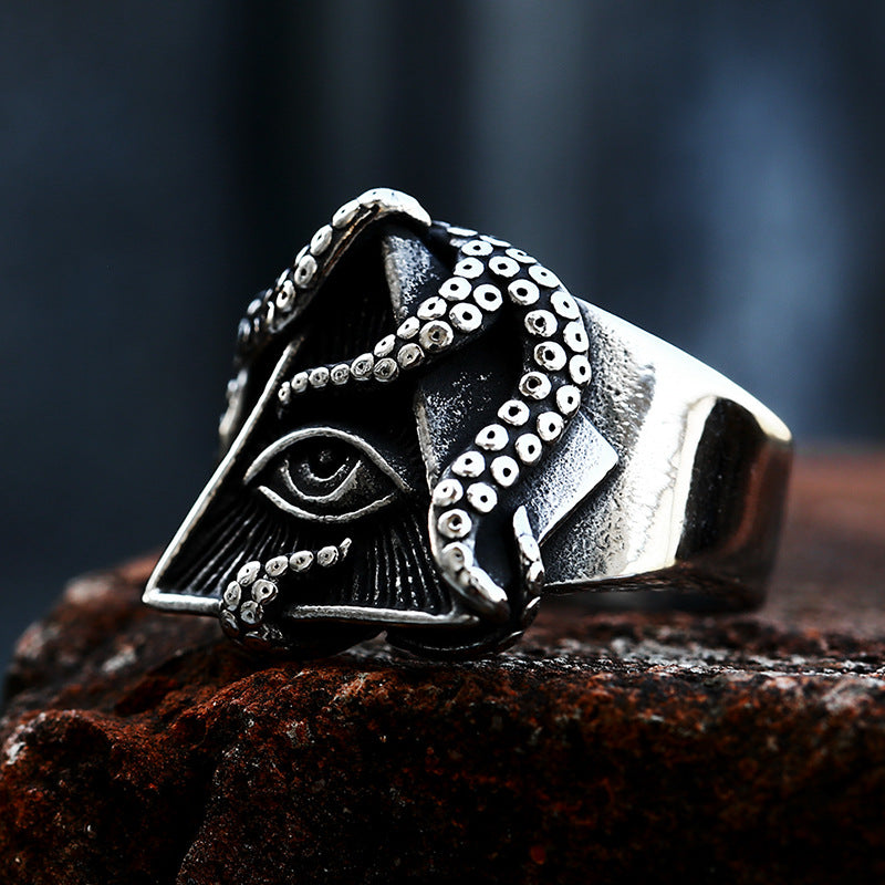 Titanium Steel Devil's Eye Octopus Ring for Men - Retro Triangle Design, Wholesale Available