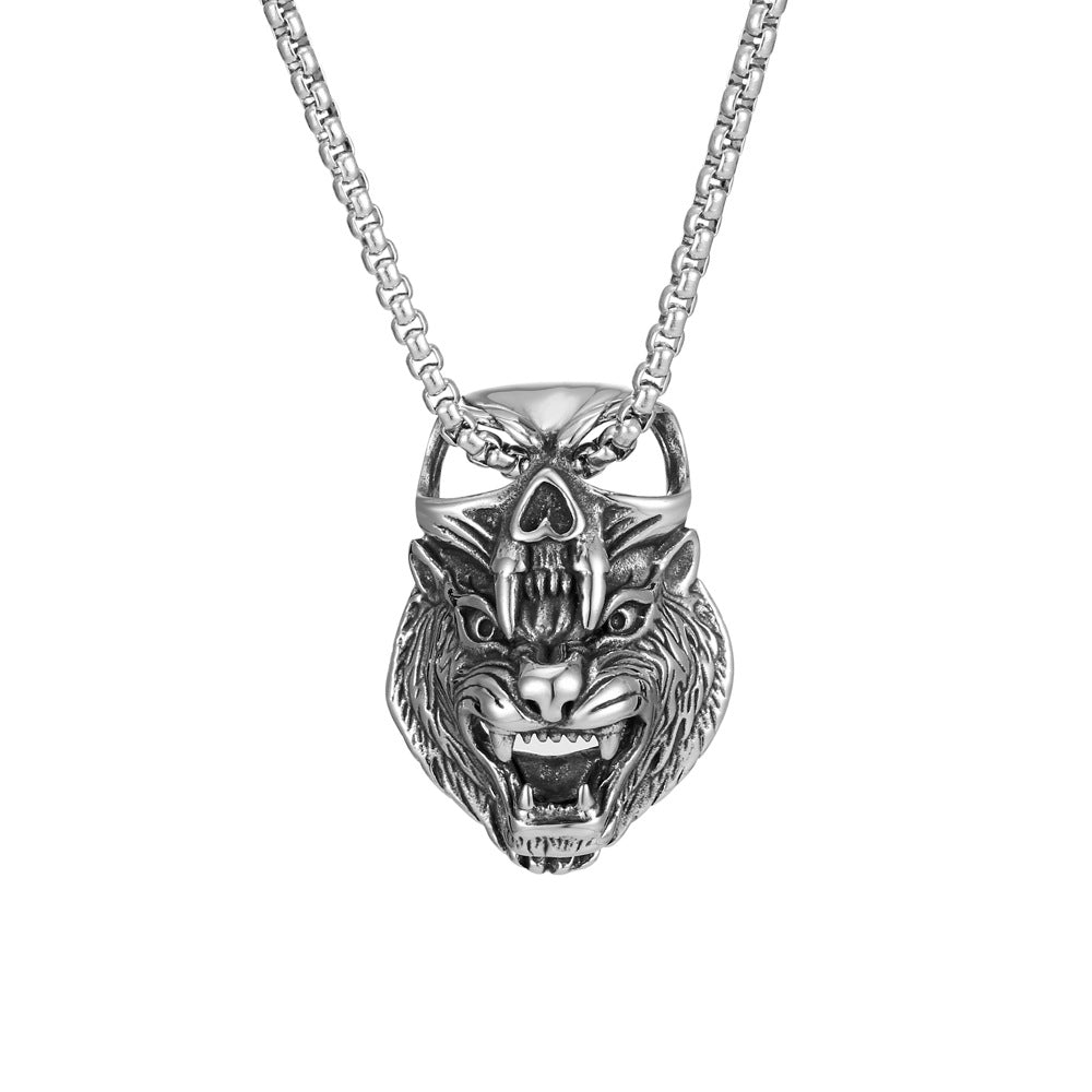 Titanium Steel Wolf Skull God Pendant Necklace, Retro Rock Men's Jewelry