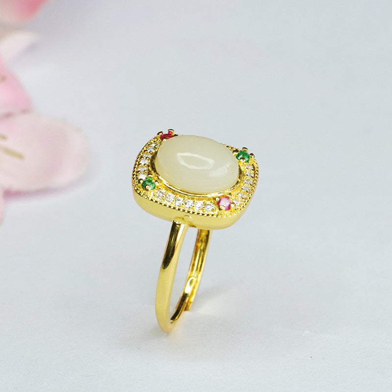 Oval Natural Hotan Jade Ring with Rectangle Zircon Accent