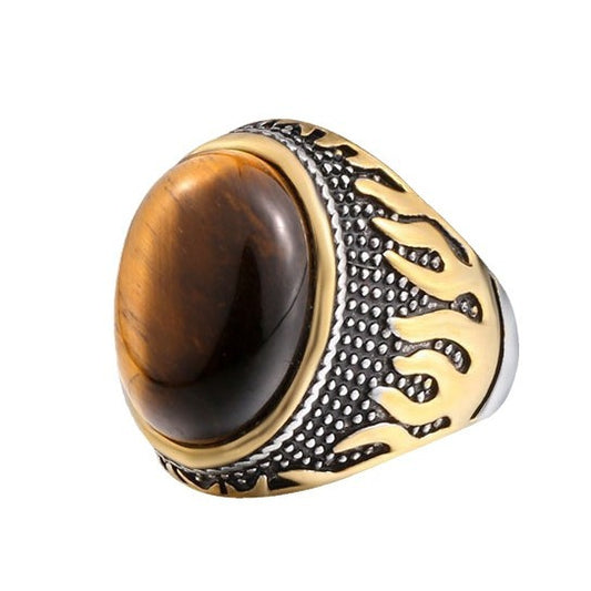 Titanium Steel Tiger's Eye Men's Ring - Bold European-American Flame Design, Retro Fashion Statement