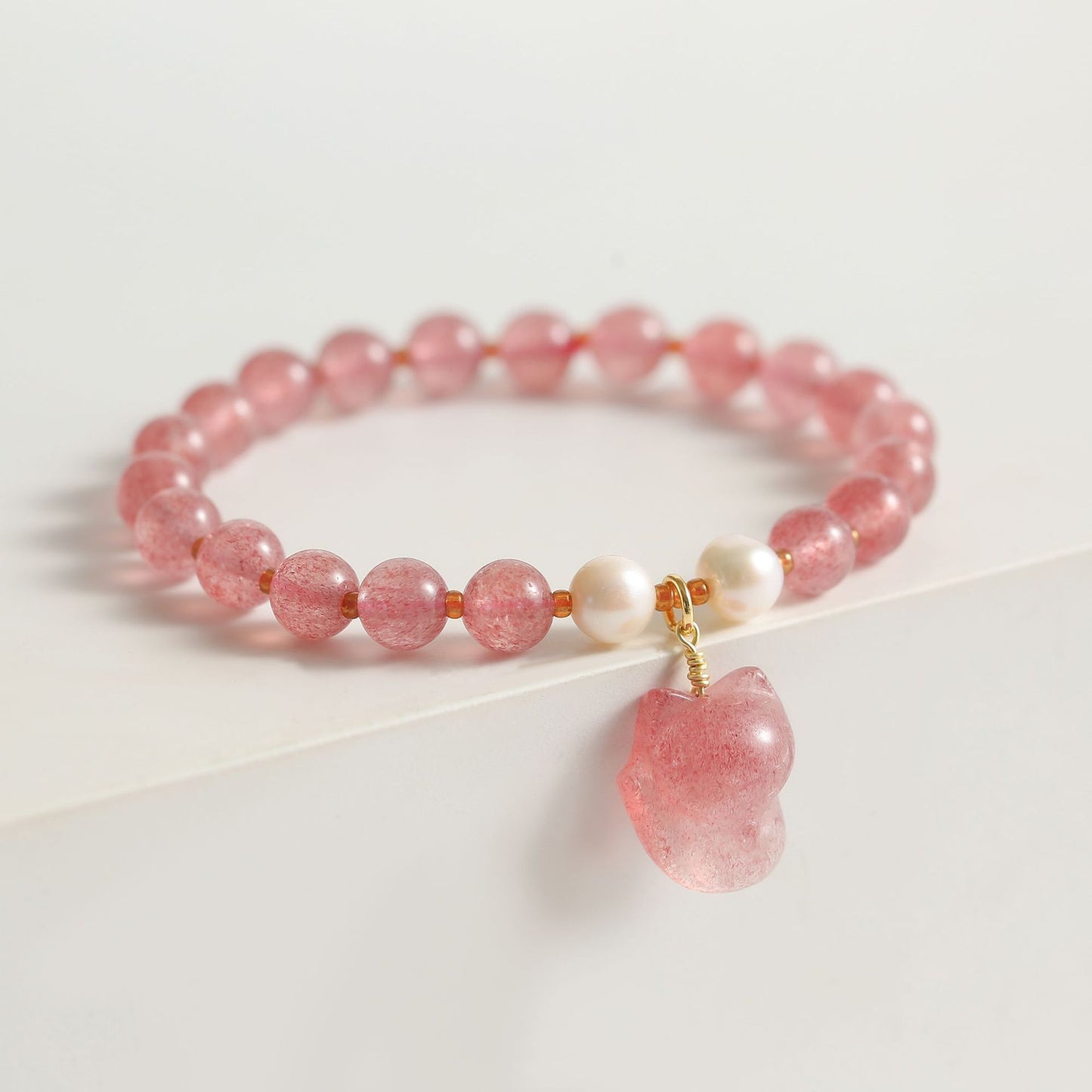 Fox Pendant Strawberry Crystal Bracelet with Pearl Boudoir Bracelet