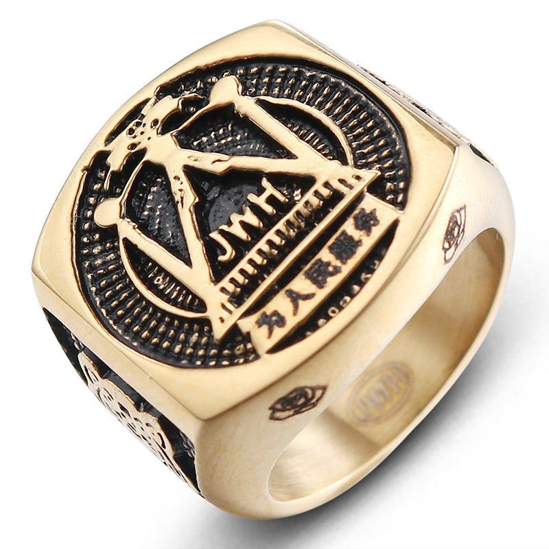 Stylish Gold Freemason Ring for Men - Personalized Retro Stainless Steel Jewelry in European and American Fashion