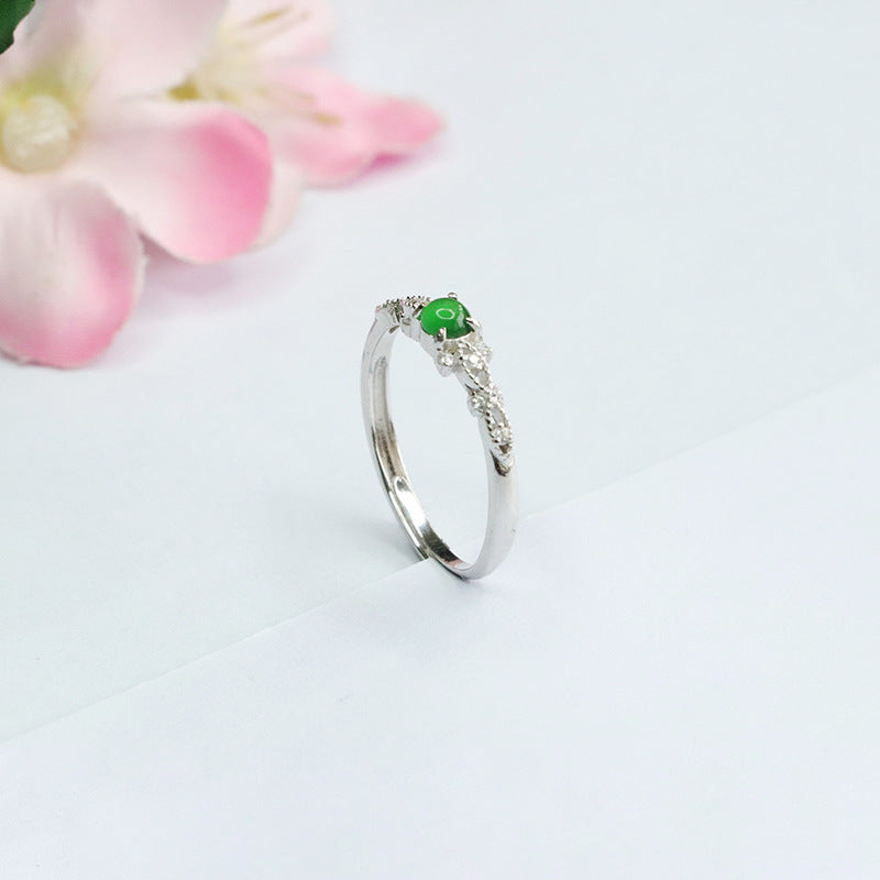 Ice Green Jade Zircon Hollow Ring with Sterling Silver Frame