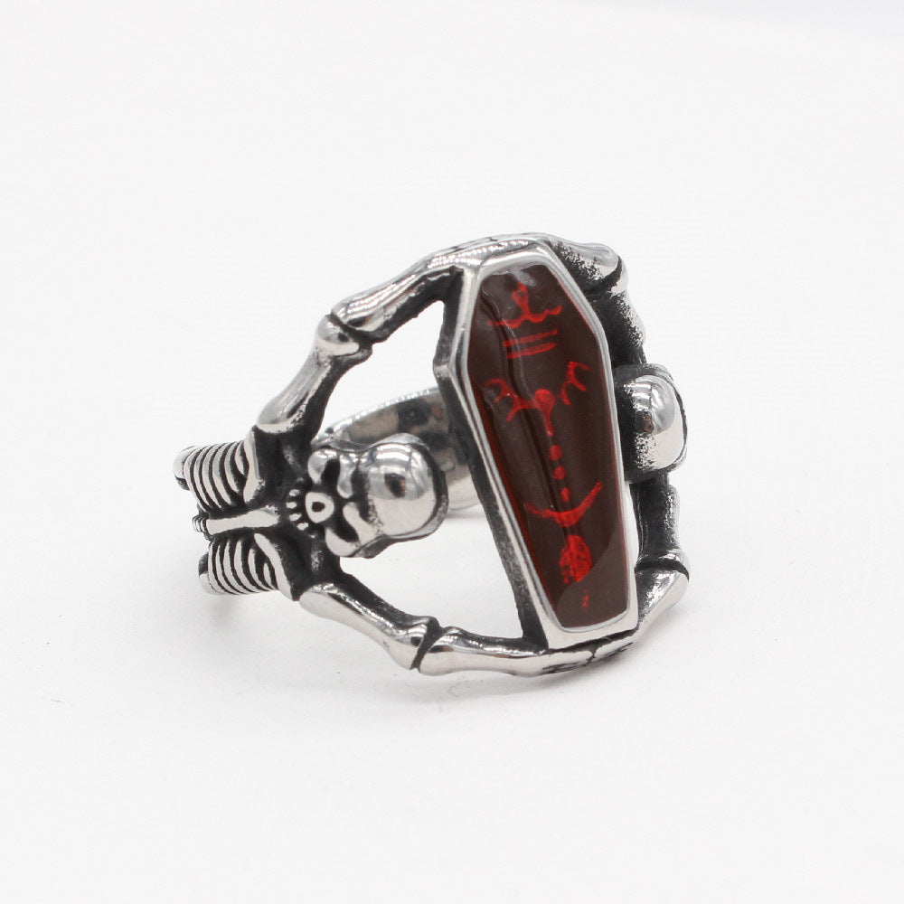 Halloween Coffin Hollow Skeleton Titanium Steel Ring for Men