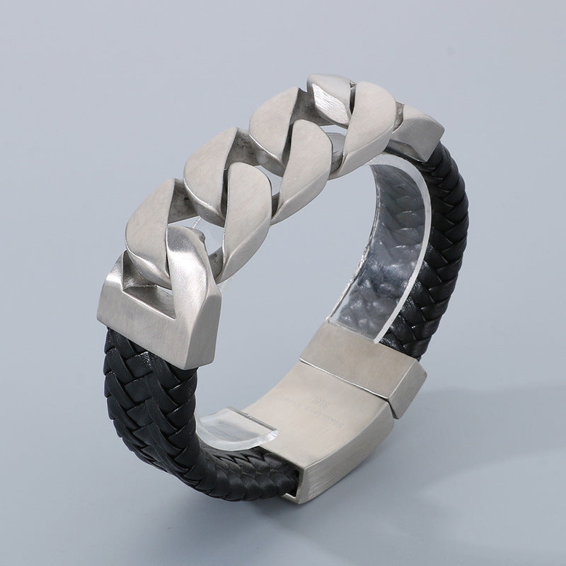 Leather and Stainless Steel Cuban Chain Bracelet with Square Magnet Buckle for Men