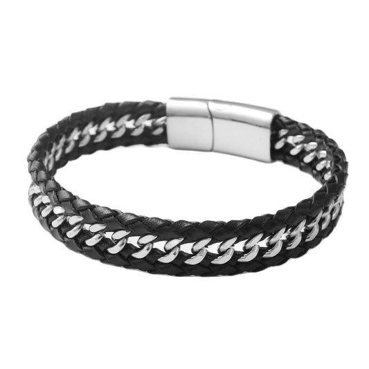 Men's Titanium Steel Punk Leather Bracelet with Woven Hollow Chain Design