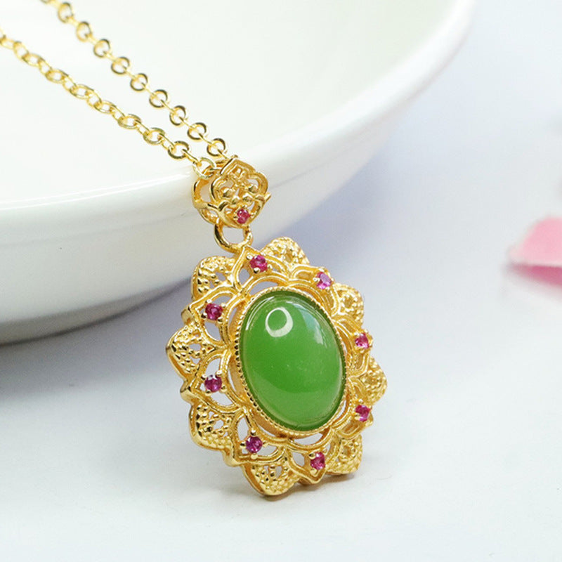 S925 Sterling Silver Floral Pendant with Natural Jade and Jasper Zircon Necklace