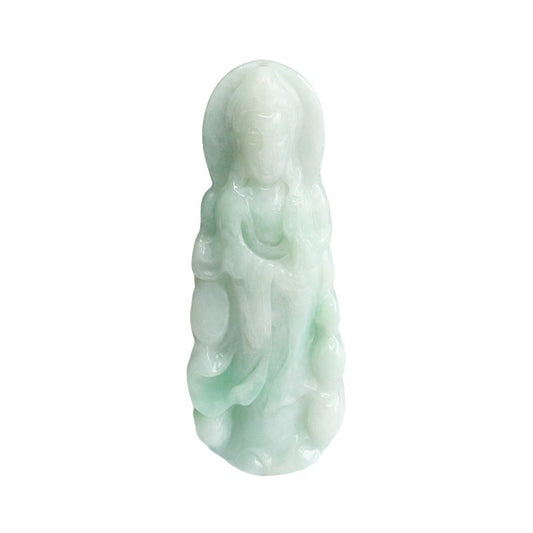 Guardian Goddess of Fortune: Sterling Silver Jade Flower Standing Guanyin Pendant