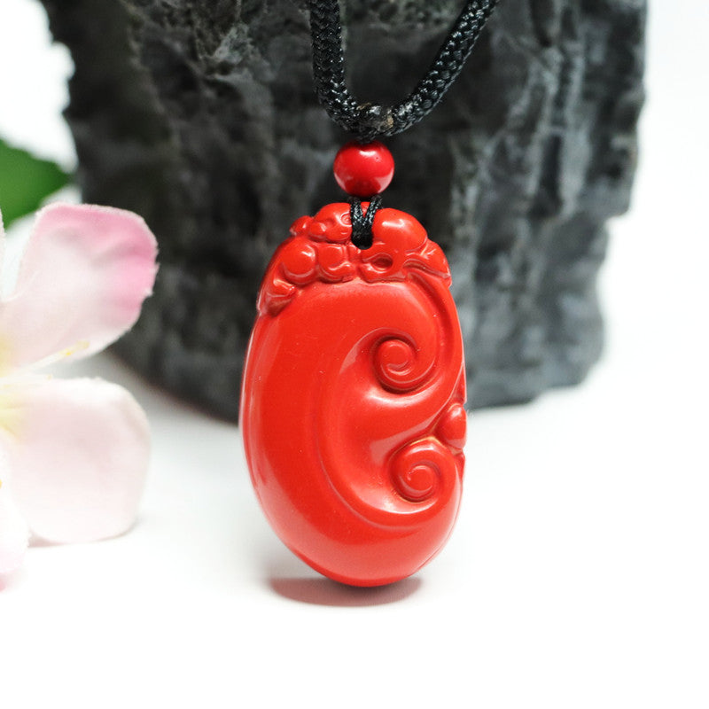 Cinnabar Ruyi Pendant in Red Sand: Sterling Silver Jewelry from Planderful Collection